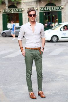 Go EuroCool 5 European Men’s Fashion Trends to Flaunt Now Inspire N Shirt And Pants Combinations For Men, Olive Chinos, Handsome Italian Men, White Jeans Men, Olive Pants, Italian Men, White Long Sleeve Shirt, Mens Fashion Classy, Brown Shoes