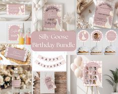 a collage of photos with pink and white items for a birthday or baby shower