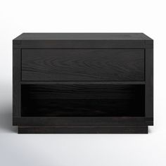 an empty black wooden shelf with one drawer open and the other closed, on a white background