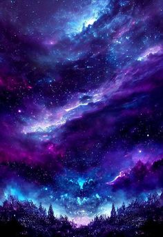 the night sky is filled with stars and purple clouds, as well as some trees