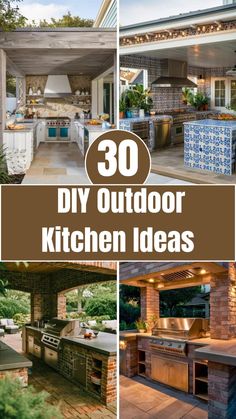 an outdoor kitchen is shown with the words 30 diy outdoor kitchen ideas