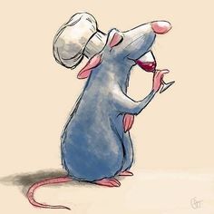 a drawing of a mouse with a hat on it's head looking at something