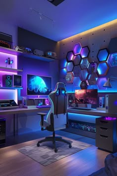 a gaming room with purple lighting and hexagon tiles on the wall, along with a computer desk