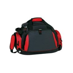 a black and red duffel bag on a white background