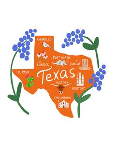 Surrounded by the Lone Star state's official flower, the Bluebonnet, this illustrated and hand lettered map features eight cities and highlights Texas' symbols, (plus a few other icons - cowboy boots, the Alamo, cornflowers and the Houston skyline): Small Mammal: Armadillo Large Mammal: Longhorn Bird: Northern Mockingbird Plant: Prickly Pear Cactus The giclee (pronounced gee-clay) print keepsake map illustration is printed on Elegance Velvet, a 100% acid-free rag paper with archival pigment inks Texas Wall Decor, Texas Map Art, Texas Symbols, Texas Icons, Northern Mockingbird, Texas Poster, Texas Design, Houston Skyline, Spongebob Birthday Party