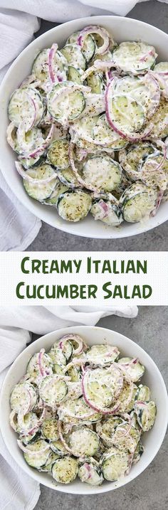 two pictures showing different types of salads in white bowls on top of each other