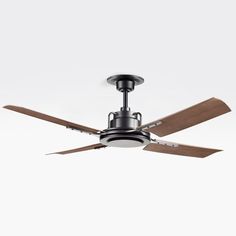 a ceiling fan with two wooden blades on the top and one light on the bottom