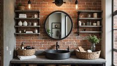 a bathroom with brick walls and wooden shelves