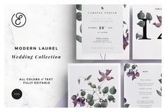 the modern laurel wedding collection is available in three different colors and sizes, including purple