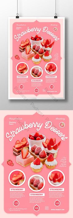 an advertisement for strawberry desserts is shown in this graphic style, with pink and white colors