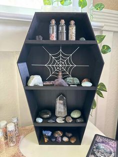 a shelf with rocks and crystals on it