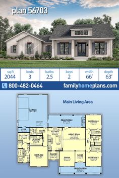 two story house plan with 3 bedroom and 2 bathrooms on the first floor, an attached garage