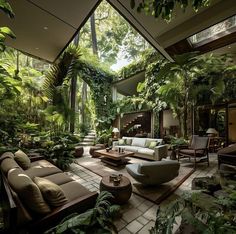 a living room filled with lots of plants and furniture