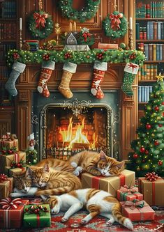 The image shows a cozy living room with a fireplace decorated for Christmas. There are four cats sleeping in front of the fireplace ->> more details in ai-img-gen.com