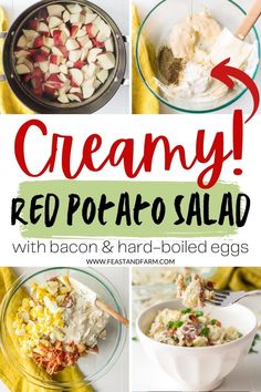 red potato salad with bacon and hard - boiled eggs is an easy, healthy side dish