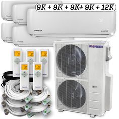 an air conditioner, heat pump and other appliances are shown with the package for each unit