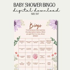 a baby shower game with flowers on it and the words, baby shower bingo digital printable