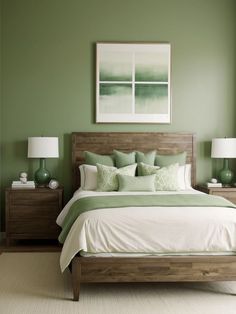 a bedroom with green walls and white bedding, two lamps on either side of the bed