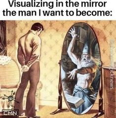 an old man looking at himself in the mirror, and another person standing next to him