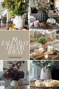 fall decor ideas with pumpkins and greenery in white vases, candles and flowers