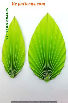 two green leaf shaped paper fans on a white background