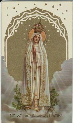 an image of the virgin mary in white with gold trimmings and crown on her head