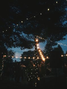 a group of people standing around a tree covered in lights