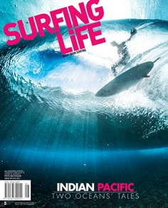 the cover of surfing life magazine features a surfer riding a large wave in the ocean