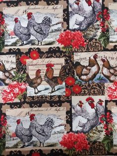 roosters and poinsettis quilted on black cotton fabric with red flowers