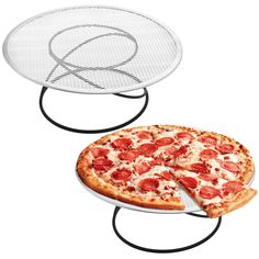 two pizza racks with one holding a slice of pizza