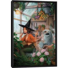 a painting of a woman in a witch's hat sitting on a window sill surrounded by potted plants