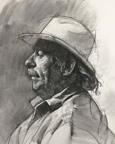 a black and white drawing of a man wearing a hat with his face slightly turned to the side