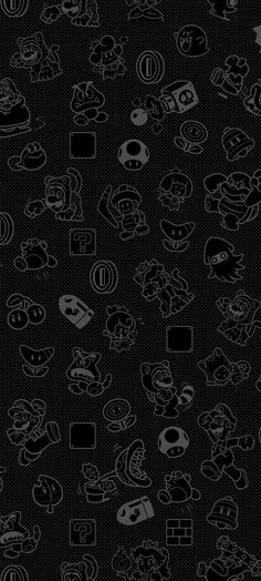 black and white wallpaper with cartoon characters on it