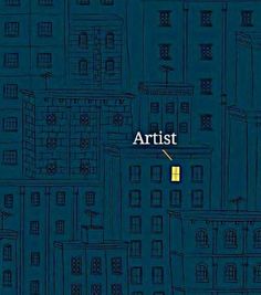 the word artist is written in yellow on a blue background with black buildings and windows