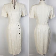 Gorgeous Vintage Kay Unger 100% Linen Wrap Midi Dress! Looks Even Better In Person! Size 8 True Wrap Dress With Contrast Button Closure Off-White/ Ivory Slubbed Linen Lined V-Neck Pocket On The Right Side Short Sleeves Shoulder Pads Belt Loops For A Skinny Belt In Overall Excellent Condition, Looks Like It's Never Been Worn, Has A Couple Of Tiny Marks On The Lining (Pictured) **New To Poshmark? Use Code Marblespikes When You Sign Up To Poshmark To Get $10 Off Your First Purchase!** *Comes From A Classic Cream V-neck Dress, Vintage White Fitted Dress With Short Sleeves, Classic Fitted Beige Dress, Cream Formal Dress With Buttons, Formal Cream Dress With Buttons, Fitted Linen Office Dress, Classic Knee-length Cream Dress, Fitted Linen Dress For Office, Classic Cream Office Dress