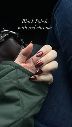 Red chrome nails Jewel Tone Chrome Nails, Maroon Crome Nails, Nails 2024 Holiday, Dark Burgundy Chrome Nails, Burgundy With Chrome Nails, Wine Red Nails Chrome, Black With Red Chrome Nails, Dark Red Metallic Nails, Dark Red Chrome Nails Designs