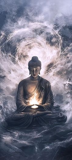 a buddha statue sitting in the middle of water with clouds around it and light coming from his head