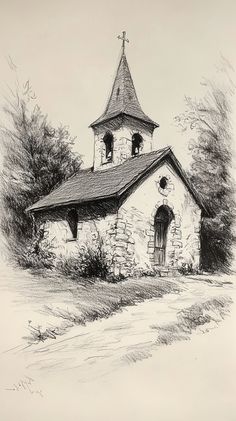 a drawing of an old church with a steeple