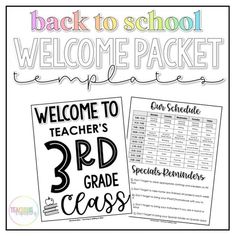 the back to school welcome packet is shown in black and white, with text that reads welcome