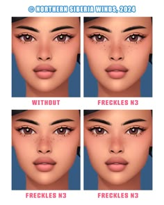 four different views of the face of a woman with freckles on her cheeks