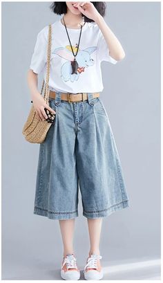 High Waist Denim Wide Leg Shorts Pants Jeans – Tomscloth Chic Athleisure, Long Jean Shorts, Wide Leg Shorts, Denim Wide Leg, Baggy Clothes, High Waist Denim, Summer Fashion Dresses, Clothes Outfits, Shorts Pants