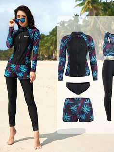 Women's Rash Guard Rash guard Swimsuit UV Sun Protection UPF50+ Breathable Long Sleeve Swimwear Bathing Suit 5-Piece Swimming Diving Surfing Water Sports Floral Autumn / Fall Spring Summer - LuckyFash™ Rash Guard Women Swimwear, Sleeve Bathing Suit, Zipper Swimsuit, Full Coverage Swimsuit, Uv Shirt, Long Sleeve Swimwear, Rashguard Swimsuit, Rash Guard Women, Suit Swimsuit