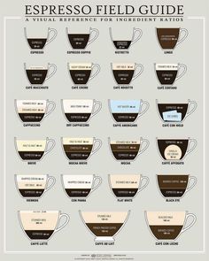 the espresso field guide is shown with coffee cups in different sizes and colors