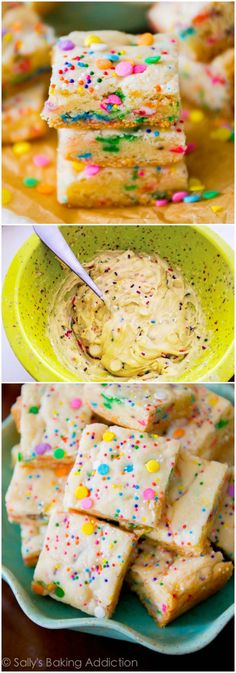 three different views of cake with sprinkles on it and in the middle