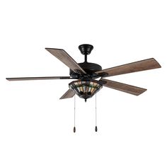 a ceiling fan with stained glass shades hanging from it's wooden blades and dark wood blades