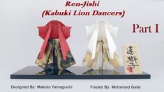 an image of two paper dolls on display with japanese characters in the background and text that reads ren - ishi kabuki lion dancers part ii