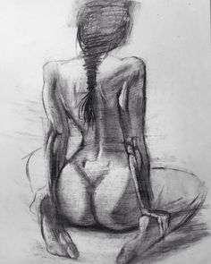 a black and white drawing of a woman sitting on the ground with her back to the camera