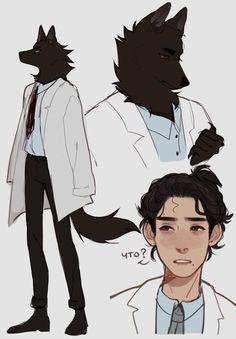 an image of a man with a wolf's head on his shoulder and another drawing of a person wearing a lab coat