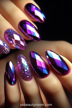 Aluminum Nail Design, Pink Purple Nail Designs, Bedazzled Nails, Plum Nails, Diamond Nail Art, Purple Nail Art, Purple Nail Designs, Beauty Nails Design, Nail Art Designs Summer