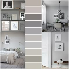 a collage of photos showing different shades of gray and white in a bedroom, dining room, living room